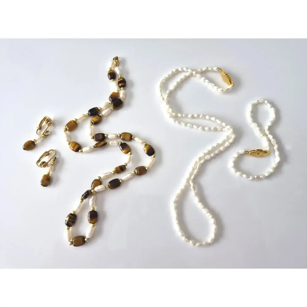 Freshwater Seed Pearl and Tiger Eye Jewelry Set of 2